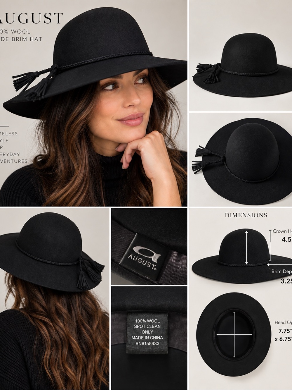 August Black Wool Fedora Hat – Tassel & Wide Brim, 100% Wool